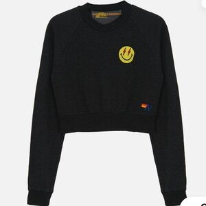 Aviator Nation Cropped Crew Black Bolt Smiley Stitch Sweatshirt